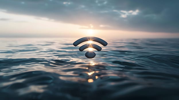 A wifi symbol appears to be floating in the middle of the vast ocean, contrasting against the natural landscape of water, sky, and horizon