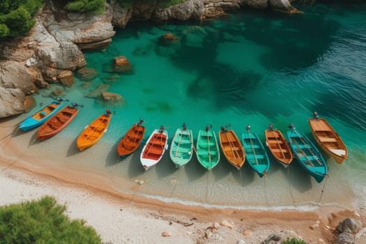 Colorful fishing boats on the Atlantic coast and turquoise water.