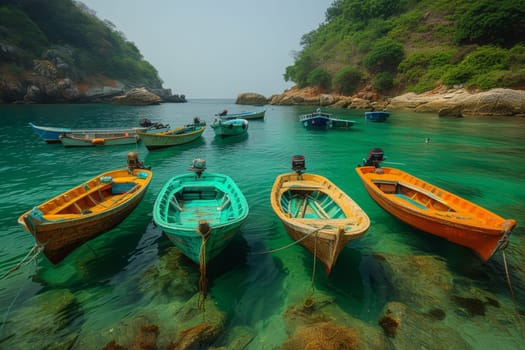 Colorful fishing boats on the Atlantic coast and turquoise water.