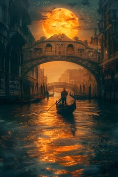 A man is gracefully gliding in a gondola beneath a bridge at sunset, the water reflecting the vibrant colors of the dusk sky, creating a picturesque art in motion
