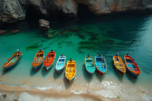 Colorful fishing boats on the Atlantic coast and turquoise water.