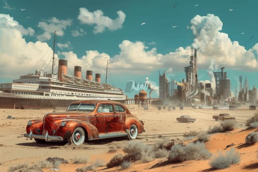 A picture of a desert landscape with tasks, cars and a ship. Illustration.