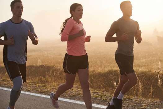 A group of friends, athletes, and joggers embrace the early morning hours as they run through the misty dawn, energized by the rising sun and surrounded by the tranquil beauty of nature.