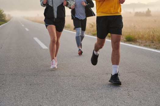 A group of friends, athletes, and joggers embrace the early morning hours as they run through the misty dawn, energized by the rising sun and surrounded by the tranquil beauty of nature.