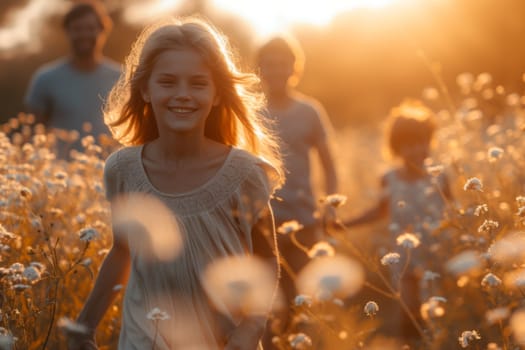 A happy family in a field at sunset.