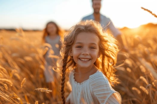 A happy family in a field at sunset.