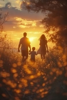 A happy family in a field at sunset.