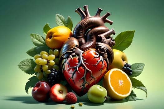 many different mix of fruits in the shape of a heart. AI generated image.