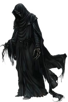 A grim reaper in a black robe with intricate sleeve details stands on a white background, showcasing a fusion of fashion design and art in costume design
