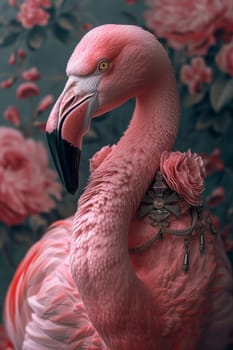 Pink flamingo on a dark background.