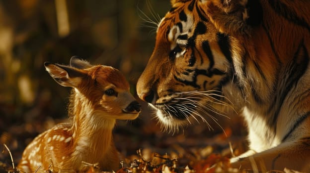 A baby deer is standing next to a tiger. Concept of curiosity and wonder about the relationship between the two animals.