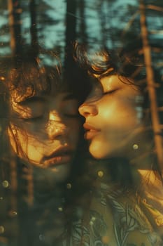 A woman gazes at her reflection in a window, surrounded by the beauty of nature with branches, sunlight, and grass in the background