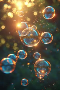 Rainbow soap bubbles in sunlight on a dark background.