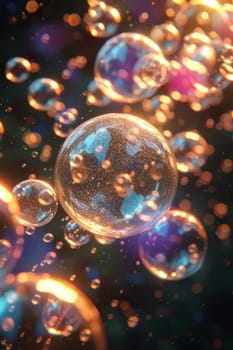 Rainbow soap bubbles in sunlight on a dark background.