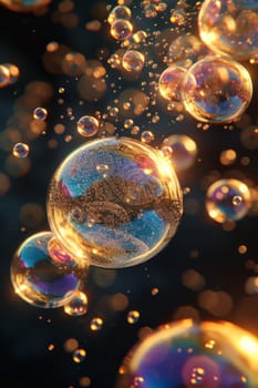 Rainbow soap bubbles in sunlight on a dark background.