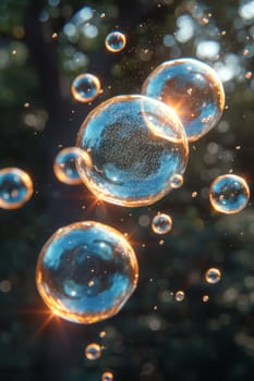 Rainbow soap bubbles in sunlight on a dark background.