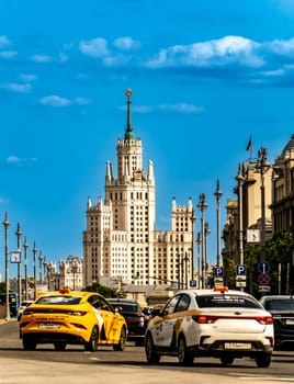 Residential building on Kotelnicheskaya Embankment is one of the seven realized Stalin high-rises in Moscow in winter, near the confluence of the Yauza with the Moscow River