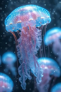 A large transparent jellyfish swims underwater.
