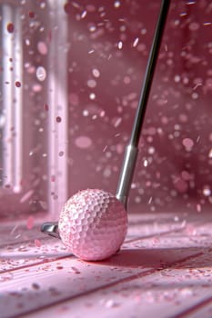 A golf club and a ball in a pink room.