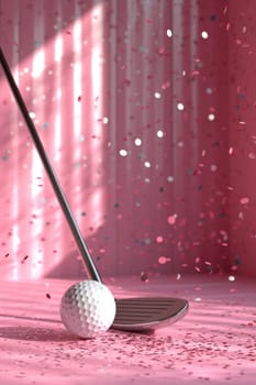 A golf club and a ball in a pink room.