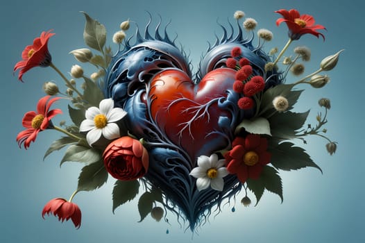 kind heart in flowers. AI generated image.