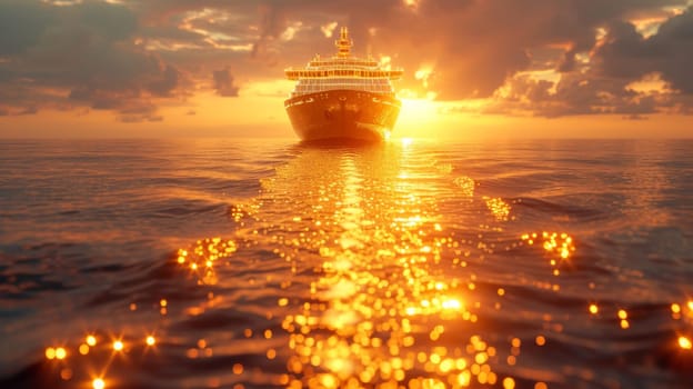 A ship with gold containers carries cargo by sea. Container ship.