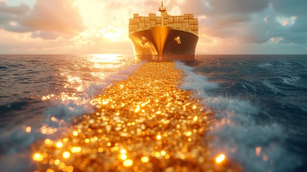 A ship with gold containers carries cargo by sea. Container ship.