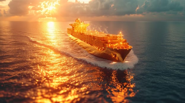 A ship with gold containers carries cargo by sea. Container ship.