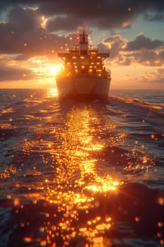 A ship with gold containers carries cargo by sea. Container ship.