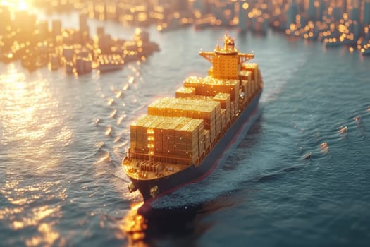 A ship with gold containers carries cargo by sea. Container ship.