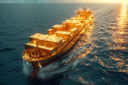 A ship with gold containers carries cargo by sea. Container ship.