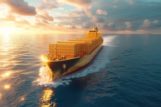 A ship with gold containers carries cargo by sea. Container ship.