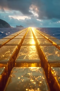 Gold containers with cargo on a container ship in the ocean.