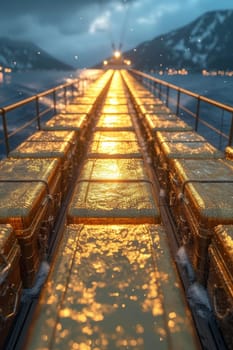 Gold containers with cargo on a container ship in the ocean.