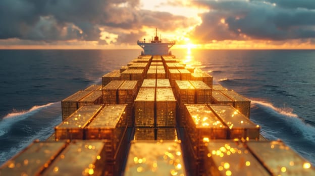 Gold containers with cargo on a container ship in the ocean.