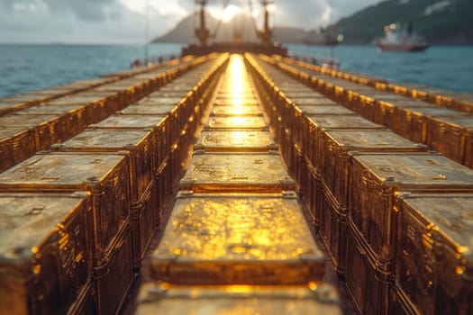 Gold containers with cargo on a container ship in the ocean.