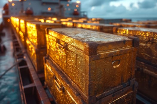 Gold containers with cargo on a container ship in the ocean.