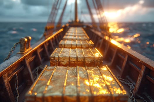 Gold containers with cargo on a container ship in the ocean.