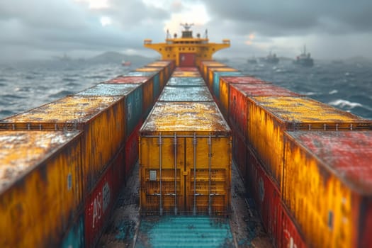 Gold containers with cargo on a container ship in the ocean.