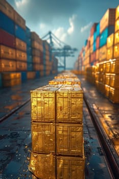 Gold containers with cargo in the port before shipment.