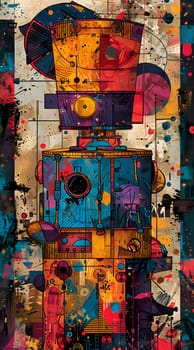 A vibrant painting depicting a robot with a bucket on its head, featuring a colorful palette of magenta, purple, and wood tones. The creative arts piece is displayed on a rectangular textile canvas