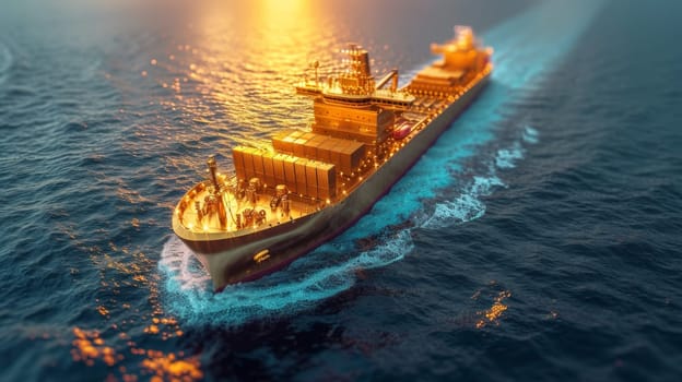 A ship with gold containers carries cargo by sea. Container ship.