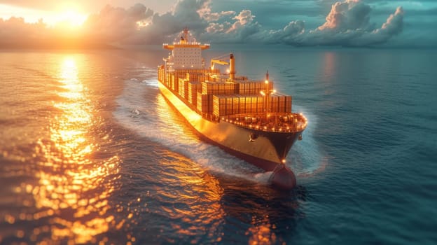 A ship with gold containers carries cargo by sea. Container ship.