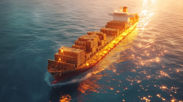 A ship with gold containers carries cargo by sea. Container ship.