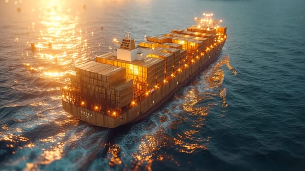 A ship with gold containers carries cargo by sea. Container ship.