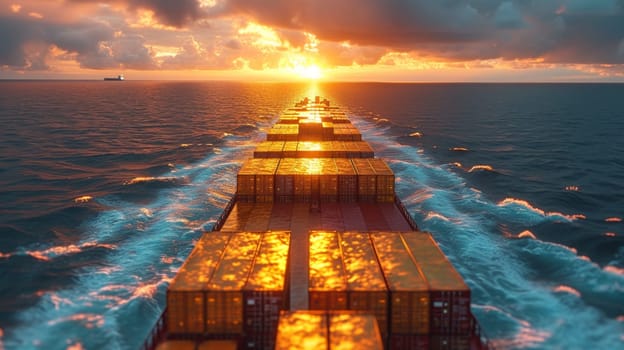 Gold containers with cargo on a container ship in the ocean at sunset.