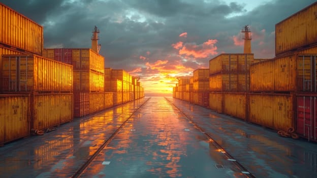 Gold containers with cargo on a container ship in the ocean.