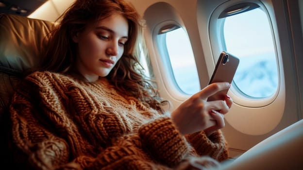 Woman using a smart phone in a plane. Generative AI..