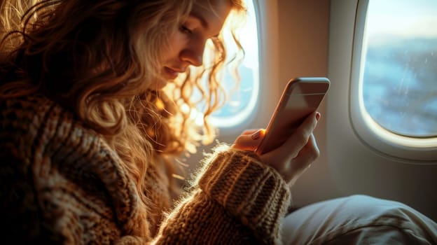 Woman using a smart phone in a plane. Generative AI..