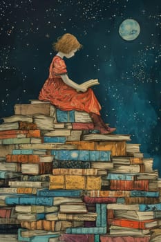 A girl is reading a book sitting on a mountain of books. Illustration.